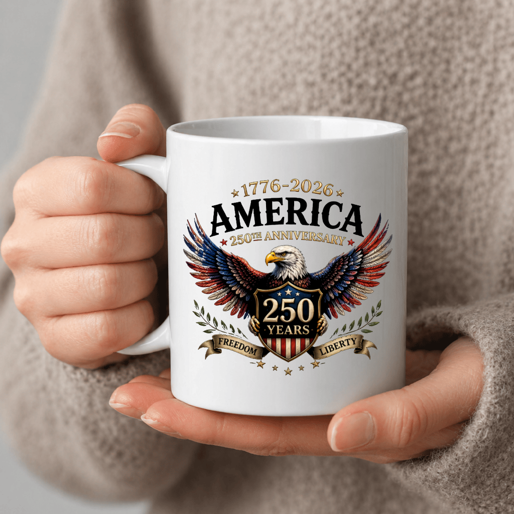 Liberty Eagle 1776–2026 White Mug – America 250th Anniversary Patriotic Graphic Gift for Him Her - back view